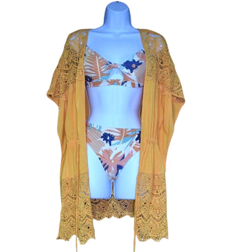 Main Strip Orange Lace Beach Swim Coverup Size Large Bright Short Sleeve